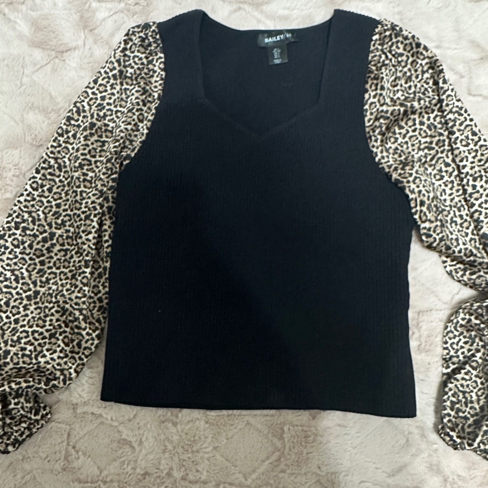 Bailey 44 Black Blouse with Animal Print Sleeves